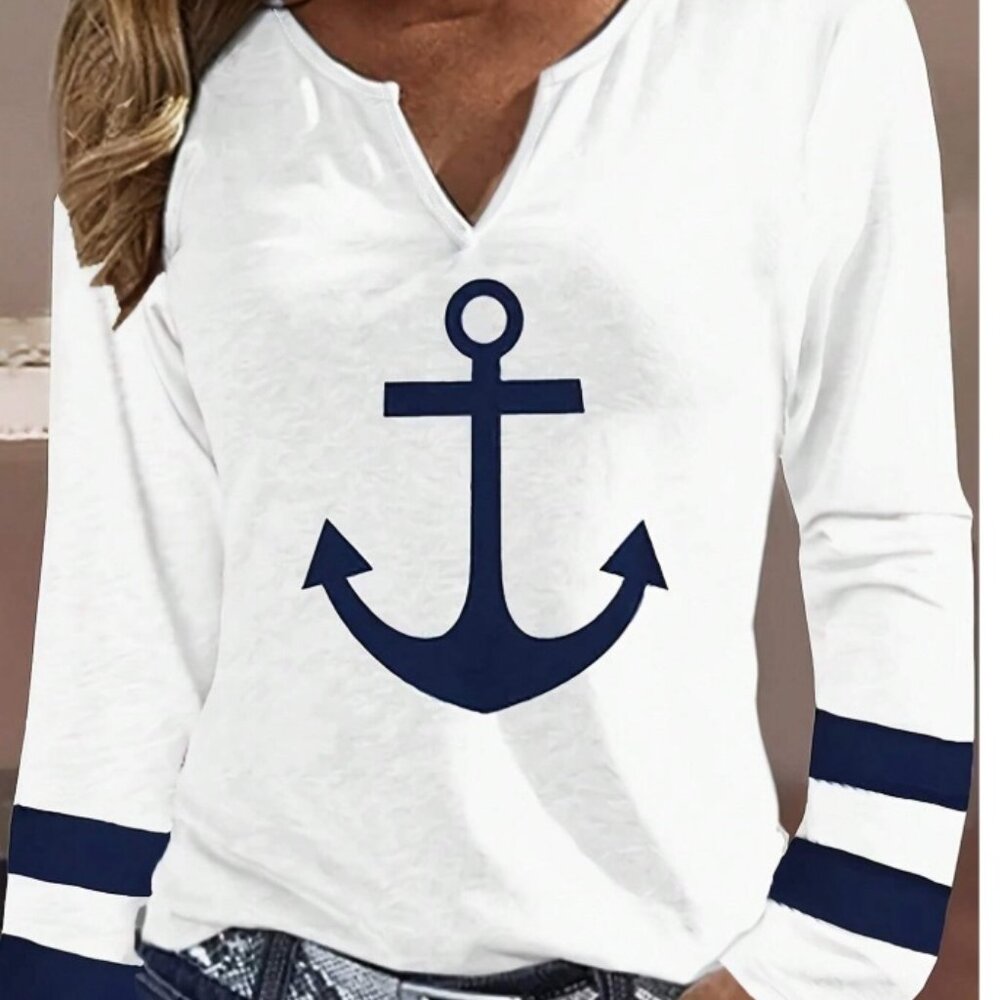 NEW!  Size M Anchor Print Notched Neck Long Sleeve